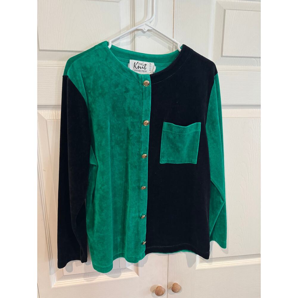 Vintage Knit Connection Velvet Colorblock Top Blouse Green Black Button Glam - Picture 2 of 8